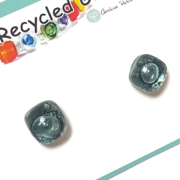 Small square post Earrings. Clear blue green with gray shades color. Fused Glass Studs. Recycled Glass jewelry. Stud earrings