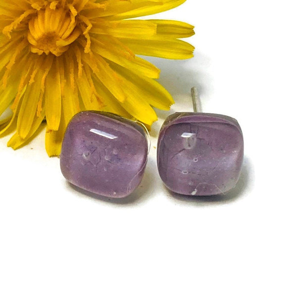 Small square post Earrings. Lilac lavender color. Fused Glass Studs. Recycled Glass jewelry. Stud earrings