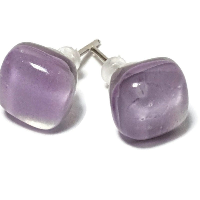 Small square post Earrings. Lilac lavender color. Fused Glass Studs. Recycled Glass jewelry. Stud earrings