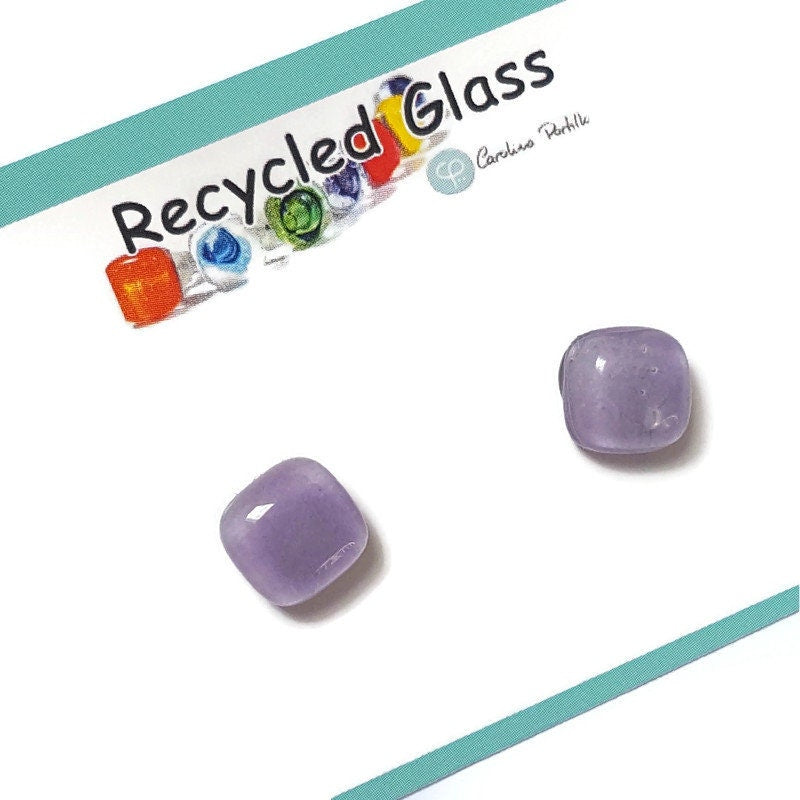 Small square post Earrings. Lilac lavender color. Fused Glass Studs. Recycled Glass jewelry. Stud earrings