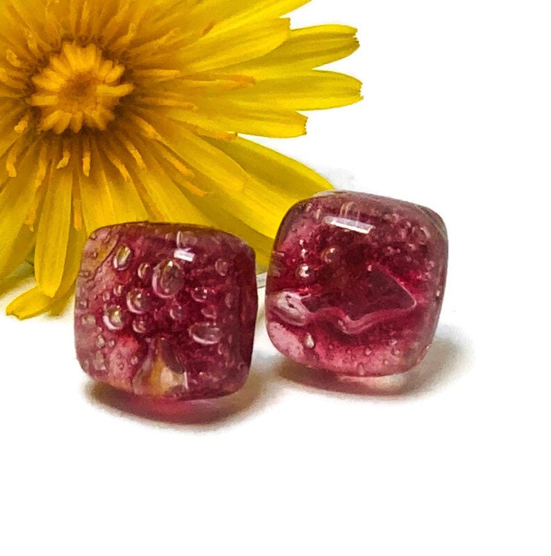 Small square post Earrings. Cranberry color. Fused Glass Studs. Recycled Glass jewelry. Stud earrings