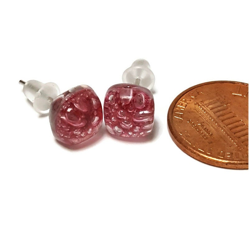 Small square post Earrings. Cranberry color. Fused Glass Studs. Recycled Glass jewelry. Stud earrings