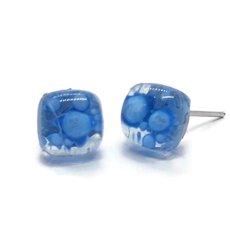 Small square post Earrings. Clear with small opaque bubbles. Fused Glass Studs. Recycled Glass jewelry. Stud earrings