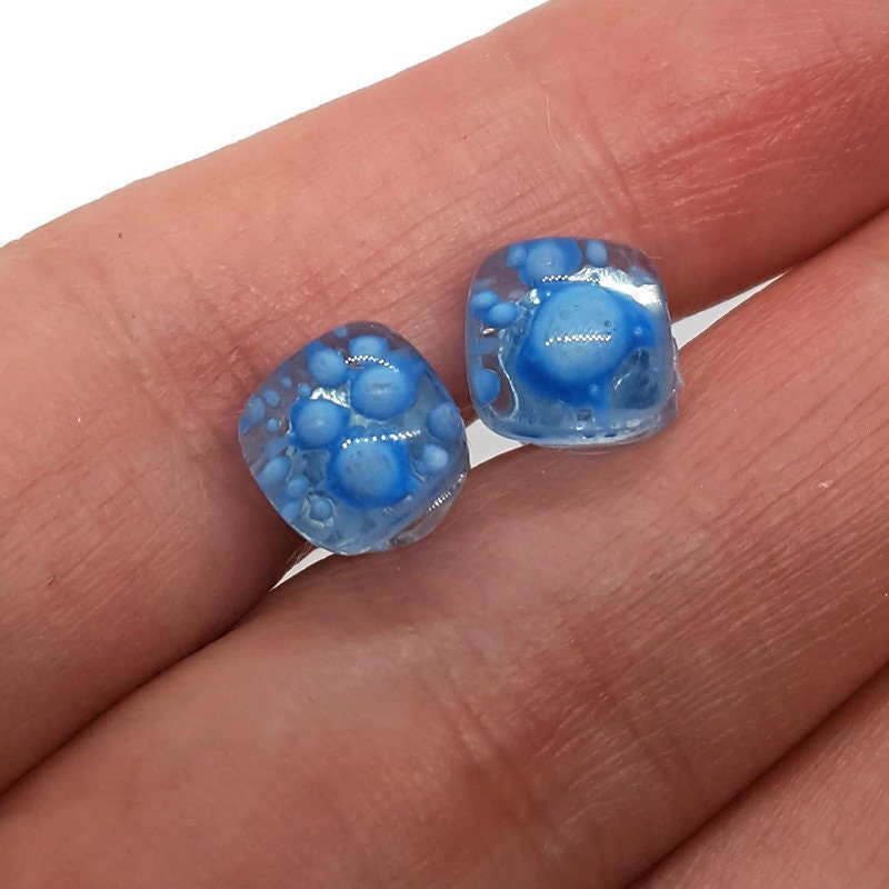 Small square post Earrings. Clear with small opaque bubbles. Fused Glass Studs. Recycled Glass jewelry. Stud earrings