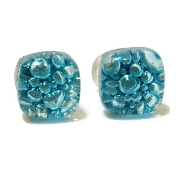 Small Post Turquoise Earrings. Fused Glass Studs. Recycled Glass jewelry. Stud earrings