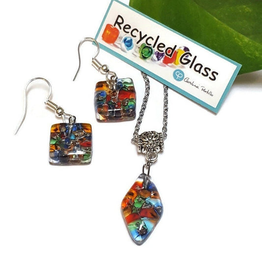 Set earrings and pendant. Repurposed Seed beads Moisaic Recycled Glass Handmade Necklace. Casual Gif for Women