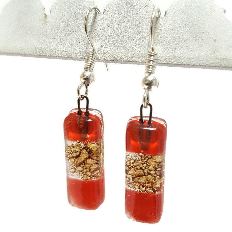 Small bar rectangle Dangle Earrings Recycled Glass. Fused drop Glass red and caramel brown color drop earrings.