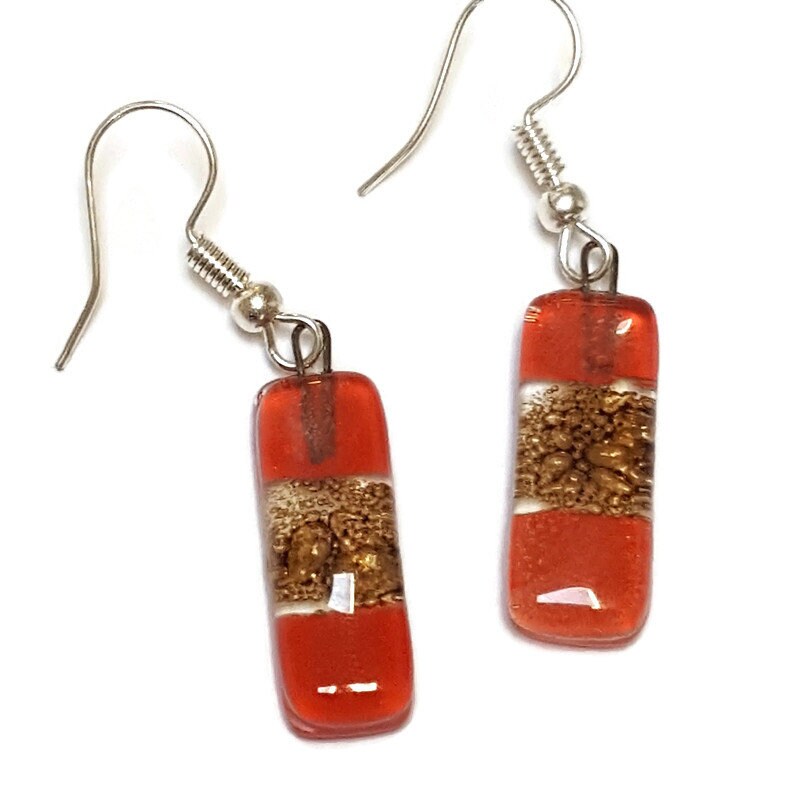 Small bar rectangle Dangle Earrings Recycled Glass. Fused drop Glass red and caramel brown color drop earrings.