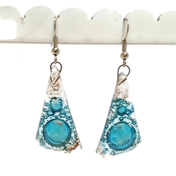 Turquoise and clear Brown triangles. Recycled fused glass drop earrings. Long dangle earrings