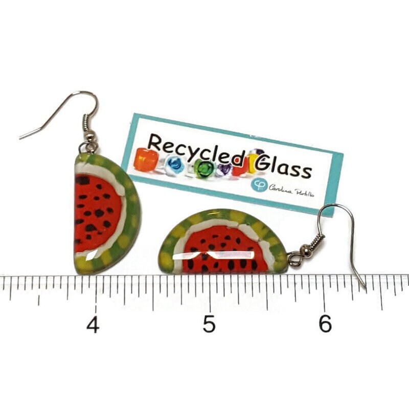 Love Watermelon. Watermelon slices Recycled Glass Drop Earrings. Purple Dangle earrings. Great gift. Fun eco friendly jewelry