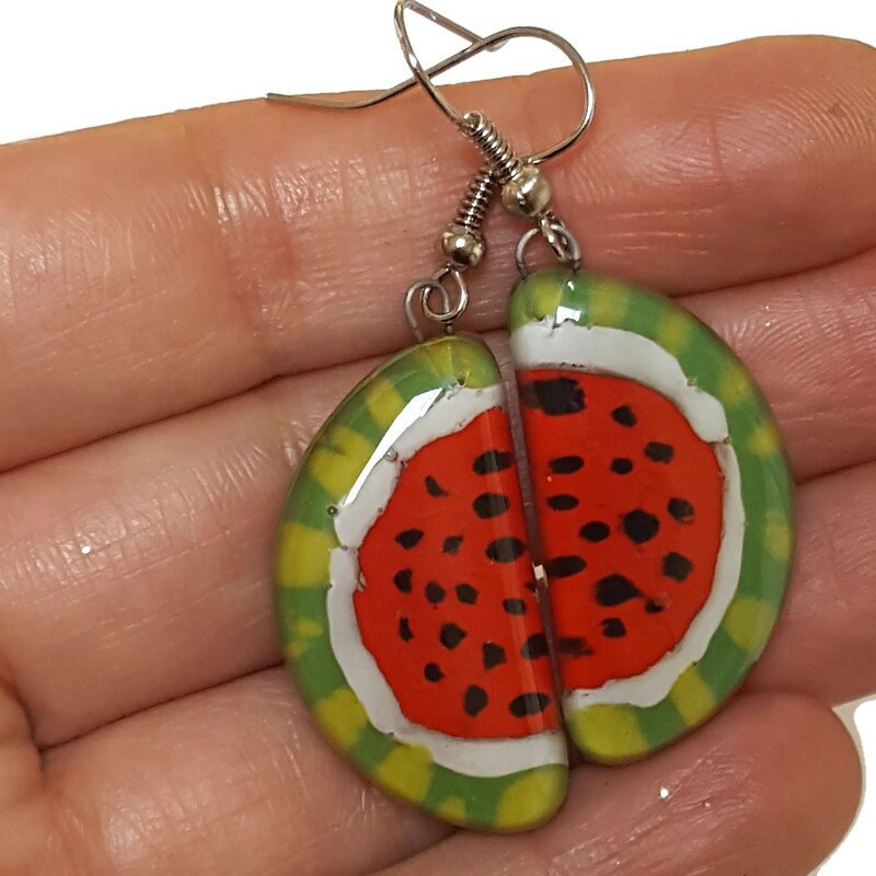 Love Watermelon. Watermelon slices Recycled Glass Drop Earrings. Purple Dangle earrings. Great gift. Fun eco friendly jewelry