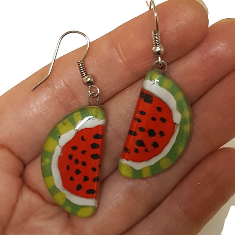 Love Watermelon. Watermelon slices Recycled Glass Drop Earrings. Purple Dangle earrings. Great gift. Fun eco friendly jewelry