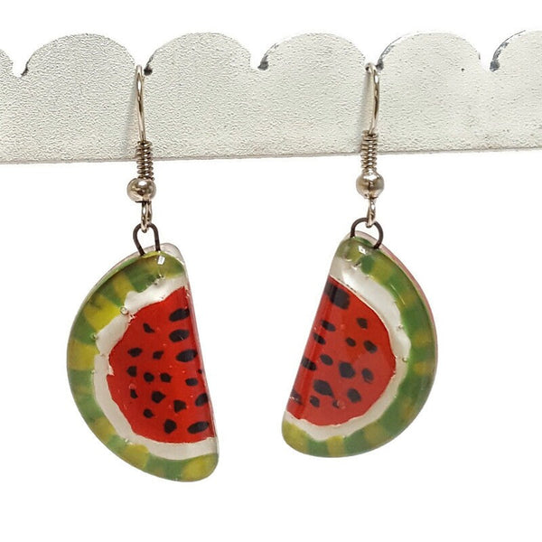 Love Watermelon. Watermelon slices Recycled Glass Drop Earrings. Purple Dangle earrings. Great gift. Fun eco friendly jewelry