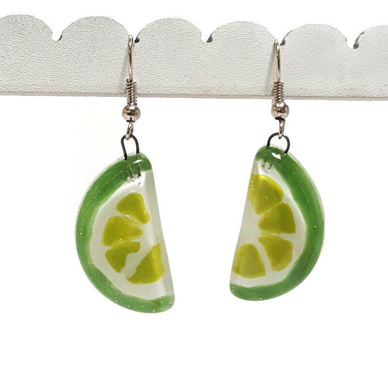 Lime wedge Recycled Glass Drop Earrings. Purple Dangle earrings. Great gift. Fun eco friendly jewelry