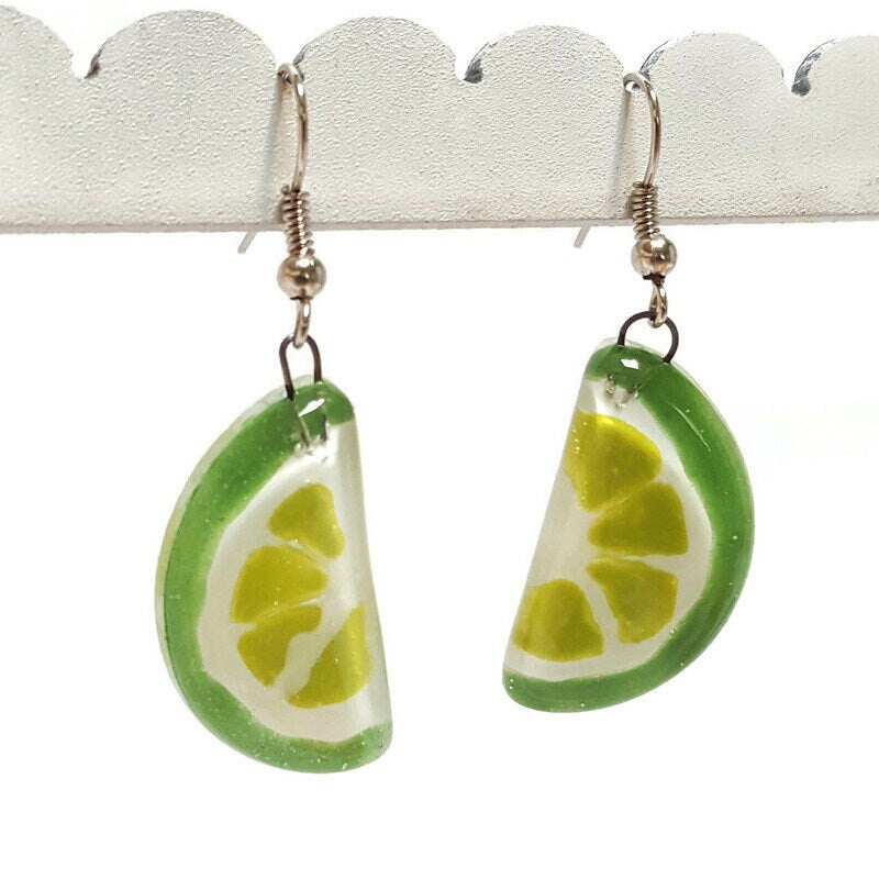 Lime wedge Recycled Glass Drop Earrings. Purple Dangle earrings. Great gift. Fun eco friendly jewelry