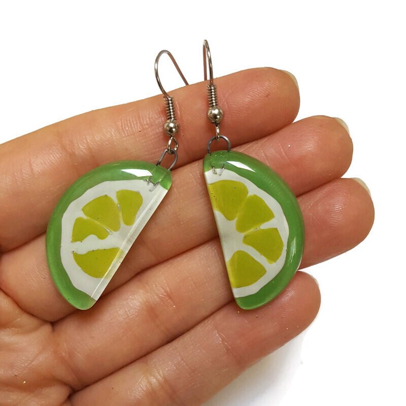 Lime wedge Recycled Glass Drop Earrings. Purple Dangle earrings. Great gift. Fun eco friendly jewelry