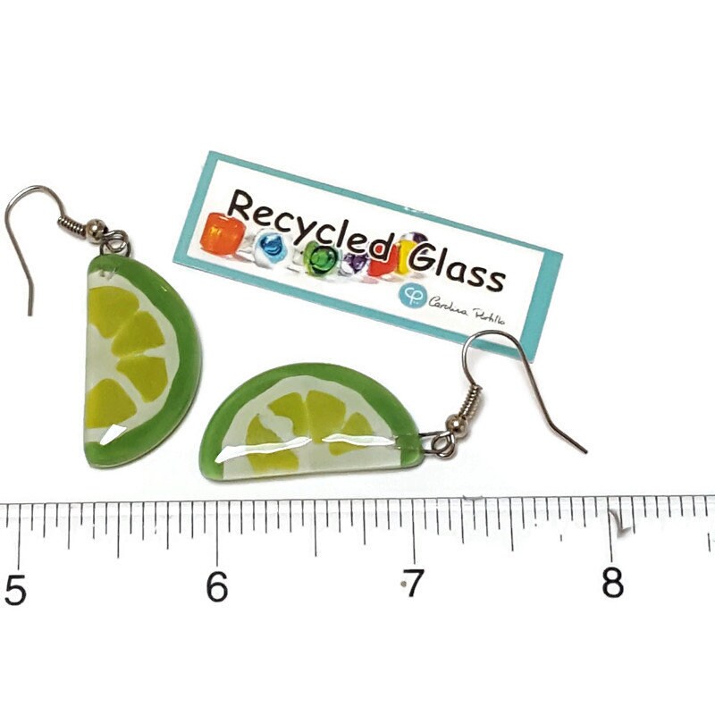 Lime wedge Recycled Glass Drop Earrings. Purple Dangle earrings. Great gift. Fun eco friendly jewelry