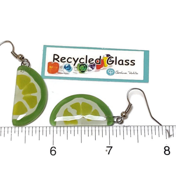 Lime wedge Recycled Glass Drop Earrings. Purple Dangle earrings. Great gift. Fun eco friendly jewelry