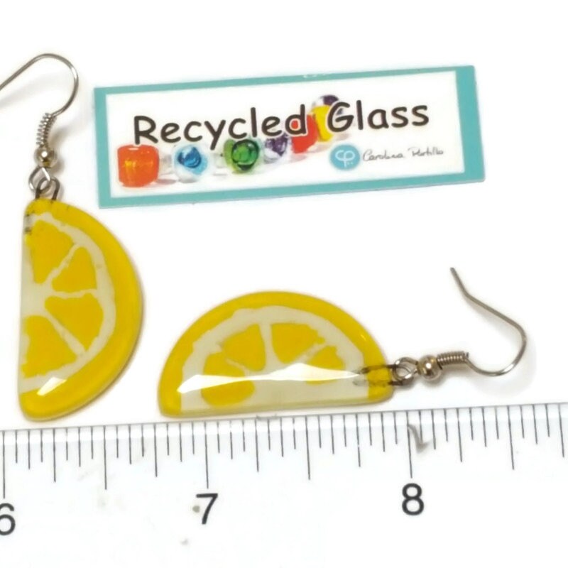 Lemon wedges Recycled Glass Drop Earrings. Purple Dangle earrings. Great gift. Fun eco friendly jewelry