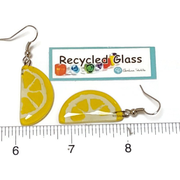 Lemon wedges Recycled Glass Drop Earrings. Purple Dangle earrings. Great gift. Fun eco friendly jewelry