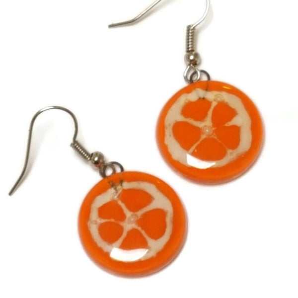 Love Oranges!!! Orange slice round dangle Fused Glass Drop Earrings. Fun colors. Everyday earrings. Handcrafted