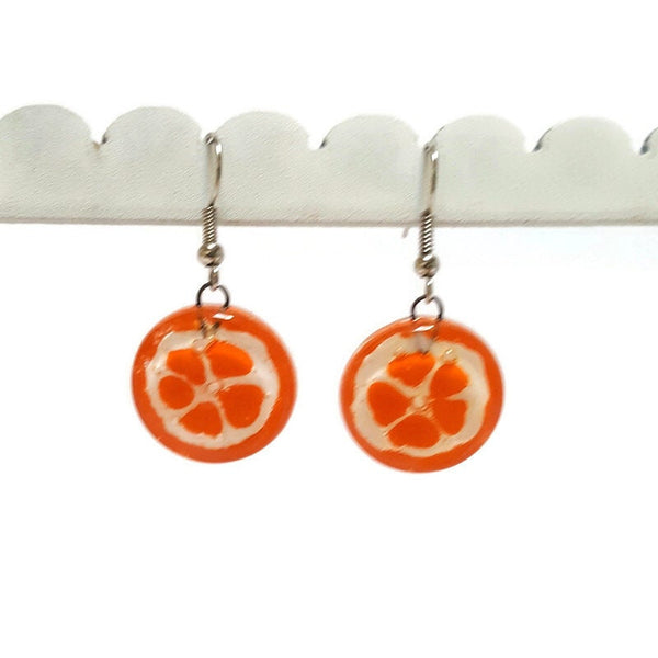 Love Oranges!!! Orange slice round dangle Fused Glass Drop Earrings. Fun colors. Everyday earrings. Handcrafted