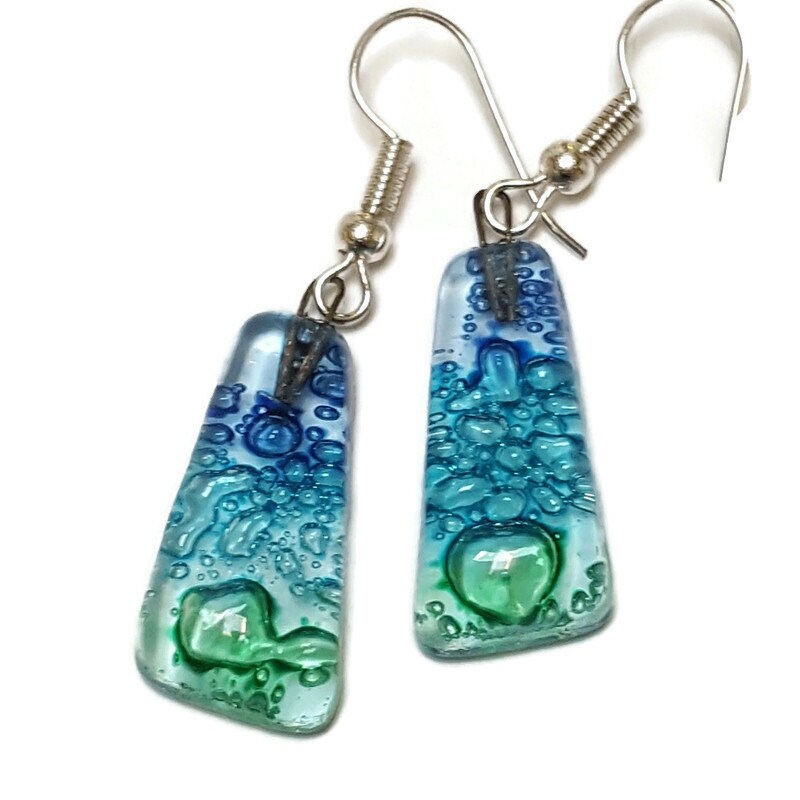 Blue, Green and Turquoise triangles. Recycled fused glass drop earrings. Long dangle earrings