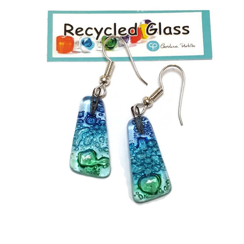 Blue, Green and Turquoise triangles. Recycled fused glass drop earrings. Long dangle earrings