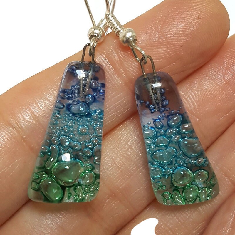 Blue, Green and Turquoise triangles. Recycled fused glass drop earrings. Long dangle earrings