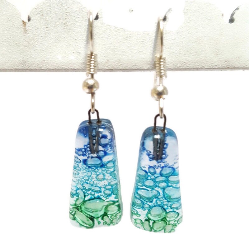 Blue, Green and Turquoise triangles. Recycled fused glass drop earrings. Long dangle earrings