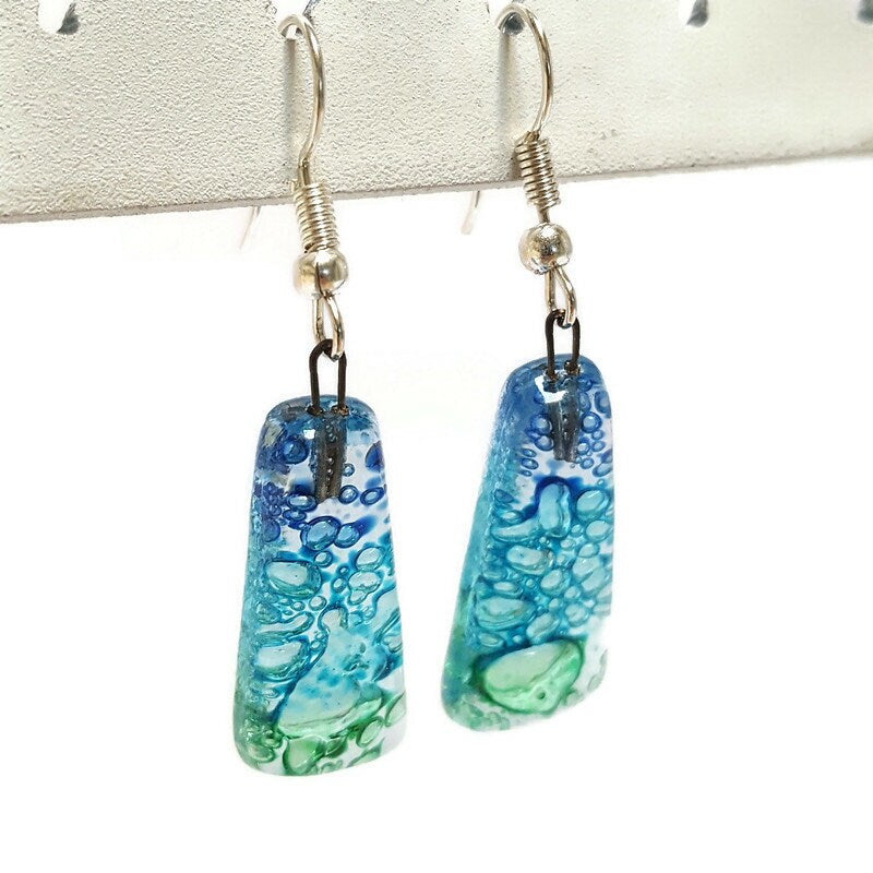 Blue, Green and Turquoise triangles. Recycled fused glass drop earrings. Long dangle earrings