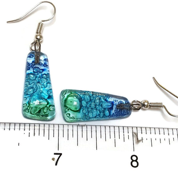 Blue, Green and Turquoise triangles. Recycled fused glass drop earrings. Long dangle earrings