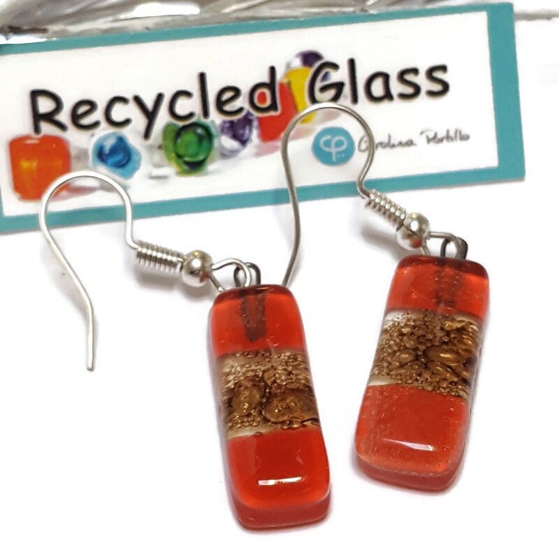 Small bar rectangle Dangle Earrings Recycled Glass. Fused drop Glass red and caramel brown color drop earrings.