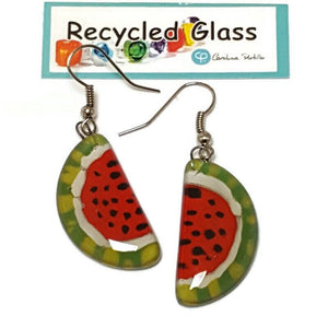 Love Watermelon. Watermelon slices Recycled Glass Drop Earrings. Purple Dangle earrings. Great gift. Fun eco friendly jewelry