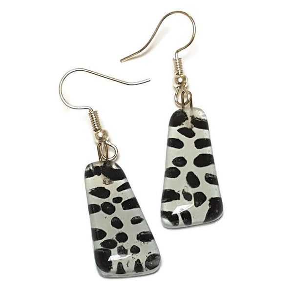 Black and  White triangles. Recycled fused glass drop earrings. Dalmatian glass dangle earrings.