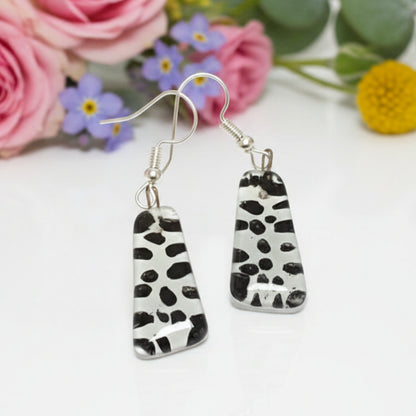 Black and  White triangles. Recycled fused glass drop earrings. Dalmatian glass dangle earrings.