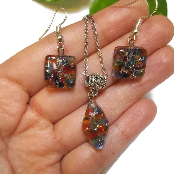 Set earrings and pendant. Repurposed Seed beads Moisaic Recycled Glass Handmade Necklace. Casual Gif for Women