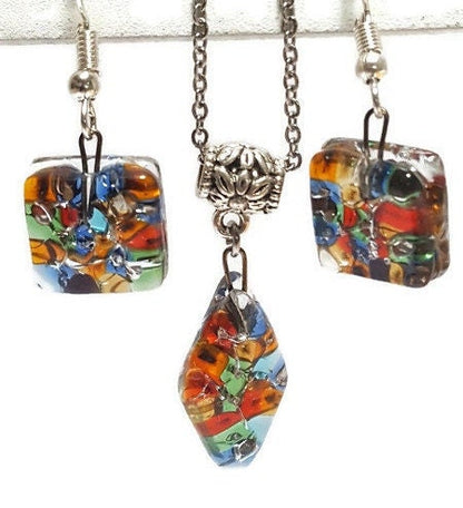 Set earrings and pendant. Repurposed Seed beads Moisaic Recycled Glass Handmade Necklace. Casual Gif for Women