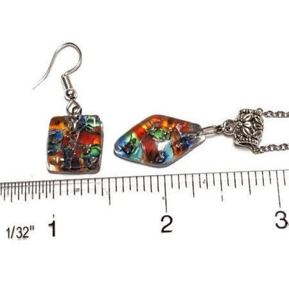 Set earrings and pendant. Repurposed Seed beads Moisaic Recycled Glass Handmade Necklace. Casual Gif for Women