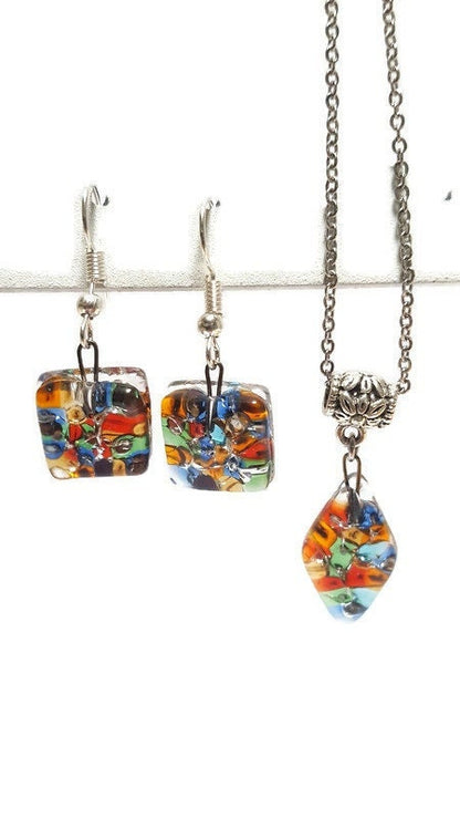 Set earrings and pendant. Repurposed Seed beads Moisaic Recycled Glass Handmade Necklace. Casual Gif for Women