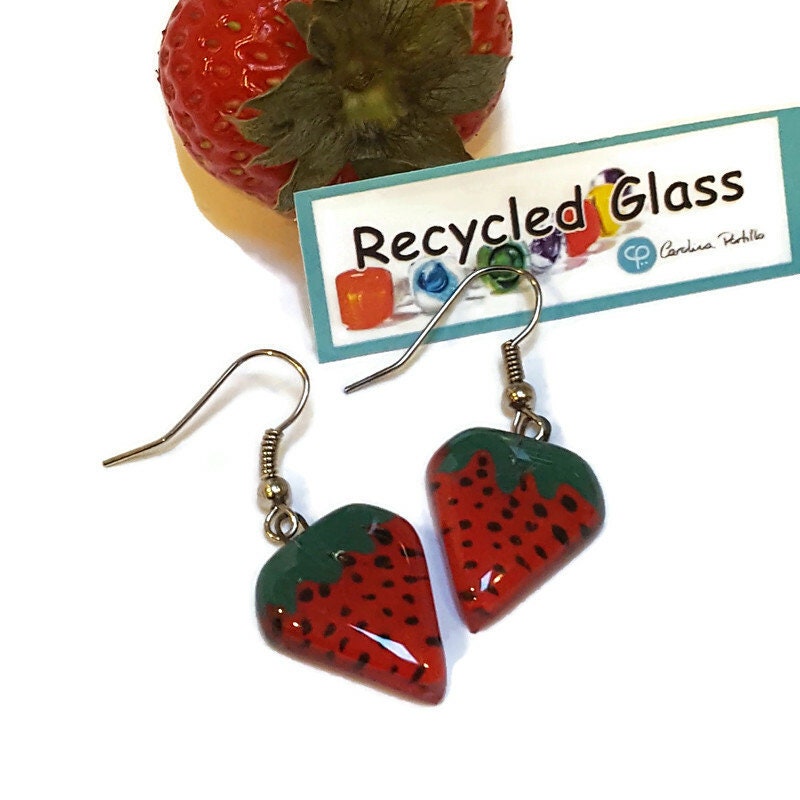 Strawberry shaped handmade recycled Fused glass beads, Small Drop earrings, Hand cut  Dangle earrings. Fun glass jewelry