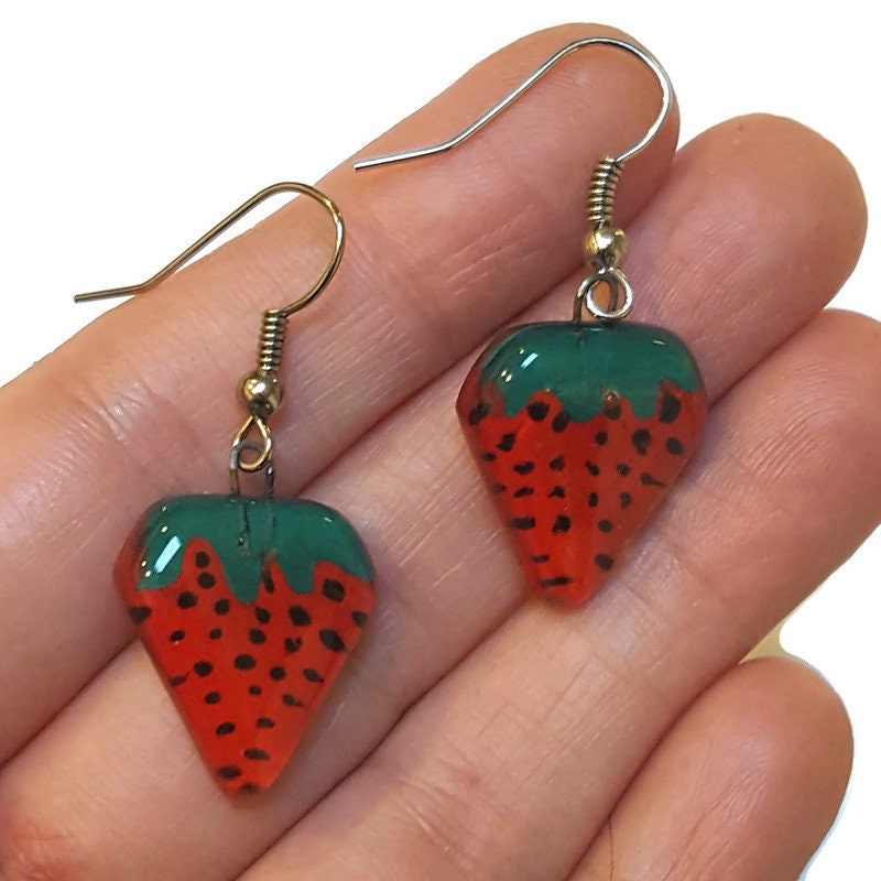 Strawberry shaped handmade recycled Fused glass beads, Small Drop earrings, Hand cut  Dangle earrings. Fun glass jewelry