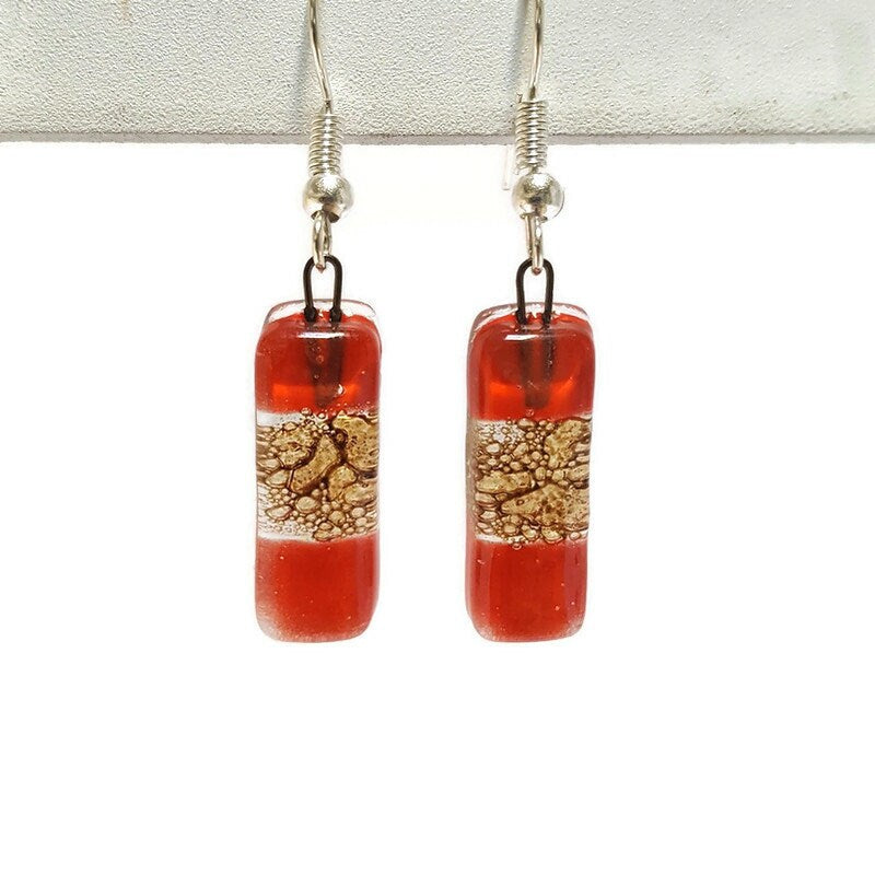 Small bar rectangle Dangle Earrings Recycled Glass. Fused drop Glass red and caramel brown color drop earrings.