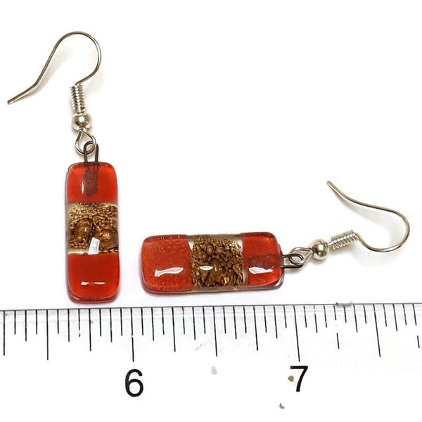 Small bar rectangle Dangle Earrings Recycled Glass. Fused drop Glass red and caramel brown color drop earrings.