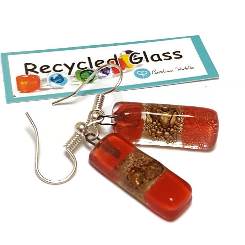 Small bar rectangle Dangle Earrings Recycled Glass. Fused drop Glass red and caramel brown color drop earrings.