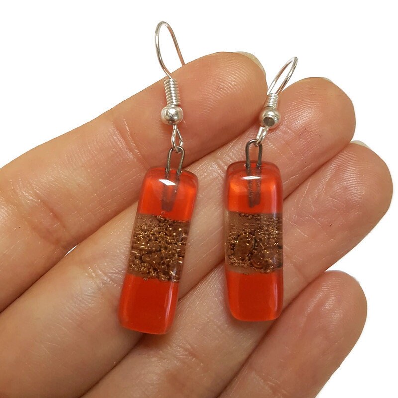 Small bar rectangle Dangle Earrings Recycled Glass. Fused drop Glass red and caramel brown color drop earrings.