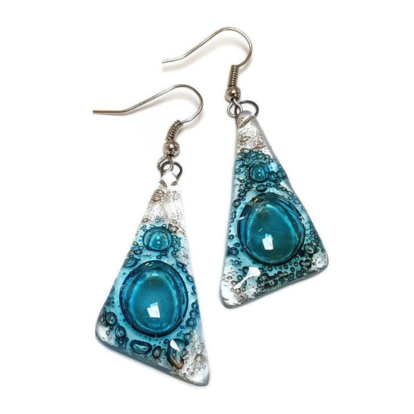Turquoise and clear Brown triangles. Recycled fused glass drop earrings. Long dangle earrings