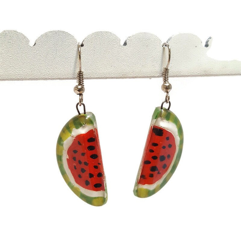 Love Watermelon. Watermelon slices Recycled Glass Drop Earrings. Purple Dangle earrings. Great gift. Fun eco friendly jewelry