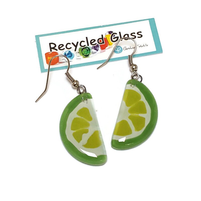 Lime wedge Recycled Glass Drop Earrings. Purple Dangle earrings. Great gift. Fun eco friendly jewelry