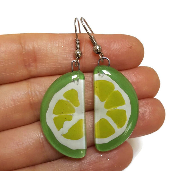Lime wedge Recycled Glass Drop Earrings. Purple Dangle earrings. Great gift. Fun eco friendly jewelry